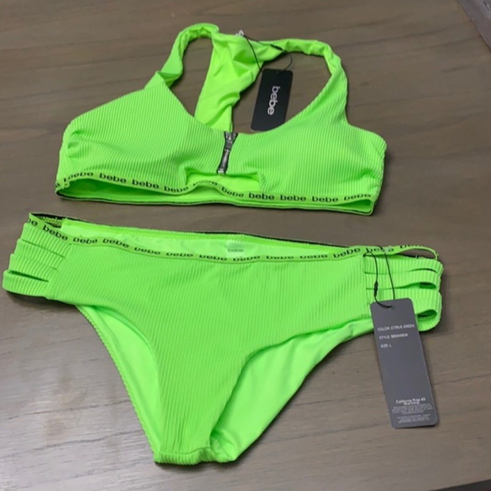 NEW Bebe Ribbed Neon Citrus Green Bikini Swim Suite  Women's Large  Orig$78